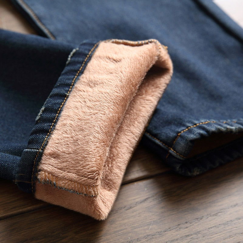 Winter Men Warm Fleece Jeans Retro Fashion Thicken Trousers
