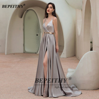 Homecoming Dresses: A-Line Prom Dress High Slit With Sash Court Train V Neck