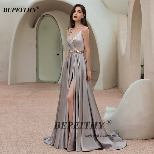 Sleeveless A-Line Prom Dress High Slit With Sash Court Train V Neck