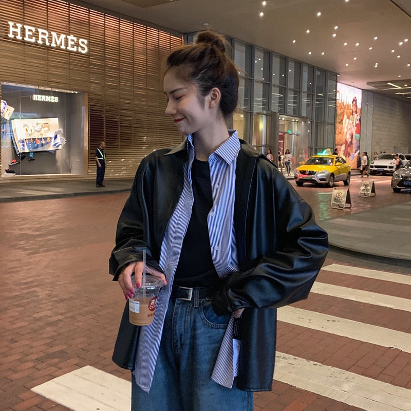 Women oversized PU leather blouses Spring Autumn Black