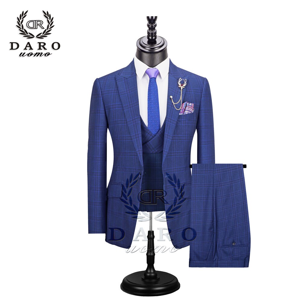 DARO Men Suit 3 Pieces Fashion Plaid Suit  Slim Fit  blue purple