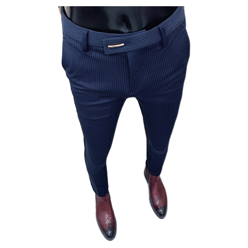 Chic Striped Navy Blue Pants Men Elegant Slim Fit Tight-ankle Suit Trousers Pants
