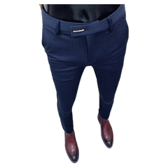 Chic Striped Navy Blue Pants Men Elegant Slim Fit Tight-ankle Suit Trousers Pants