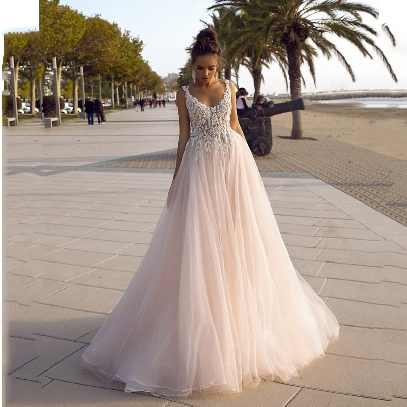 Verngo Country Beach Wedding Dress 2020 Blush Pink Tulle A Line Princess Wedding Gowns Backless Gilrs Formal Vestidos de 15