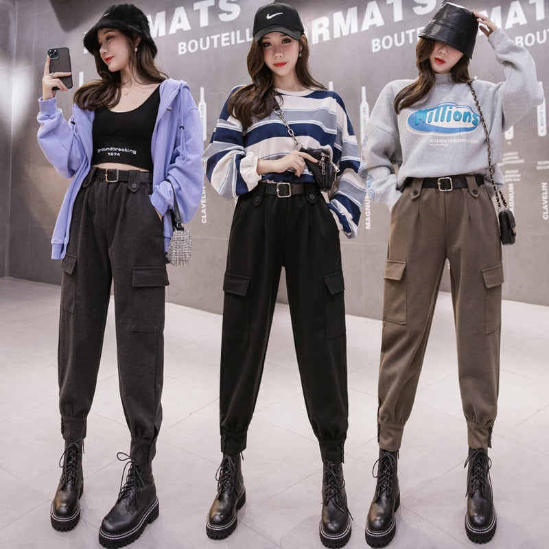 Streetwear Cargo Pants Women Harajuku Winter Woolen Warm Ladies Trousers