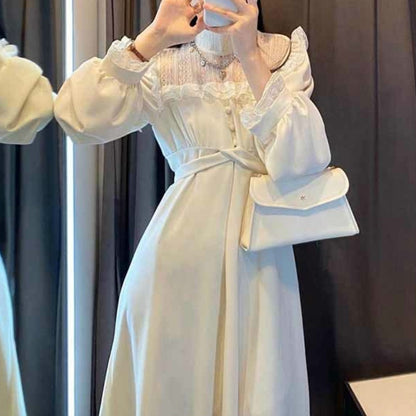 French Lace Vintage Dress Women Fashion Puffer Sleeve Elegant One Piece Dress
