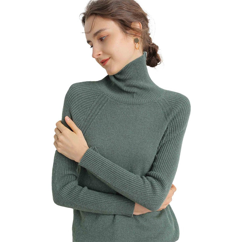 Women Turtleneck Merino Wool Cashmere Sweater Long Sleeves Autumn Winter Sweater