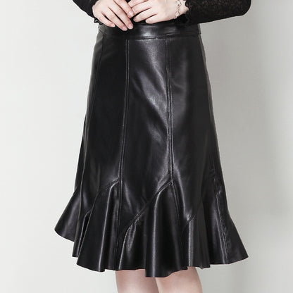 Genuine Leather Skirts Women High Waist Black Real Ruffle Design Office