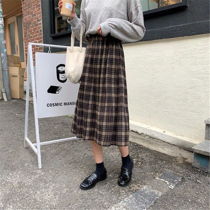 Vintage Wool Pleated Plaid Skirt Women High Waist Plus Size Long Skirt