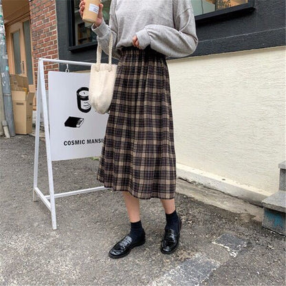 Vintage Wool Pleated Plaid Skirt Women High Waist Plus Size Long Skirt