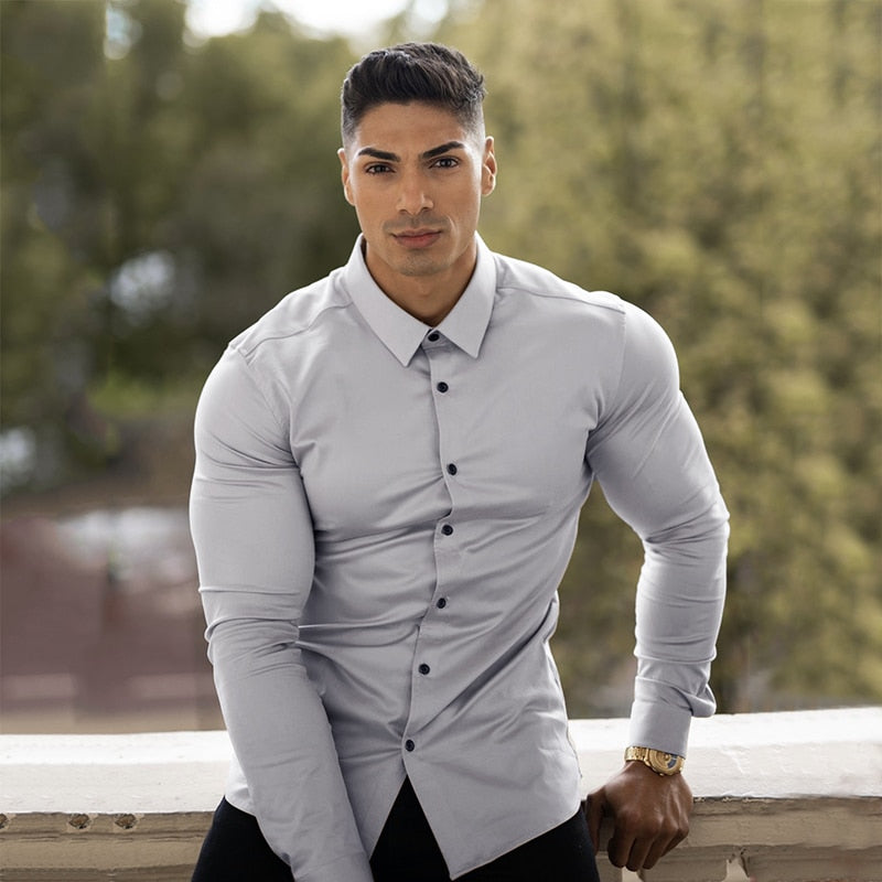 Men Fashion Casual long Sleeve Solid Shirt Super Slim Fit Male