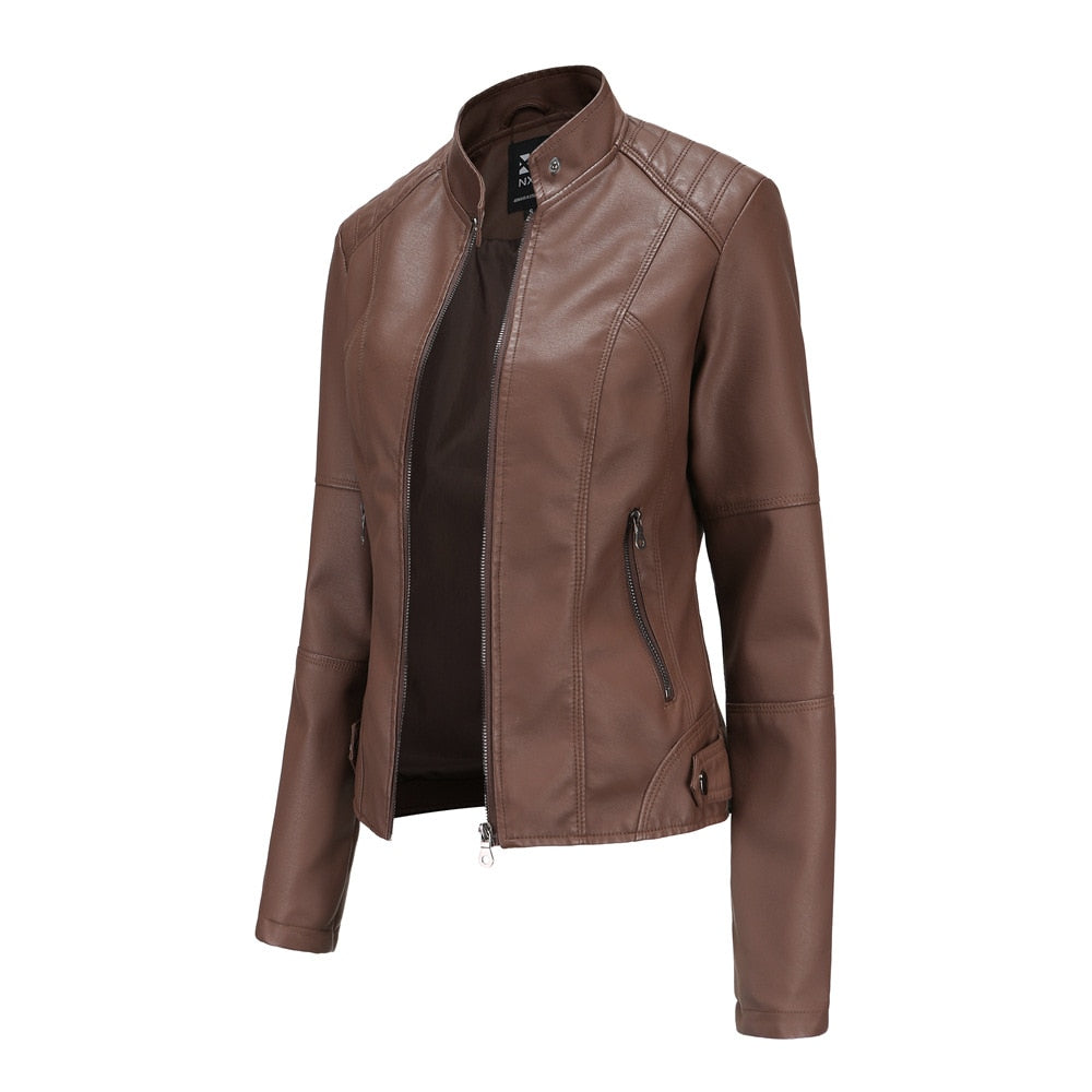 Women Leather Jacket Spring Autumn Black PU Leather Coat Stand-up