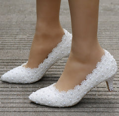 Crystal Queen White Lace Wedding Shoes 5CM Thick kitten Heel Shoes