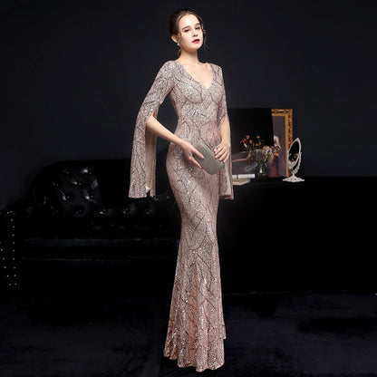 Gold Sequin Evening Dress Women Long Sleeve Dress Elegant Party Maxi