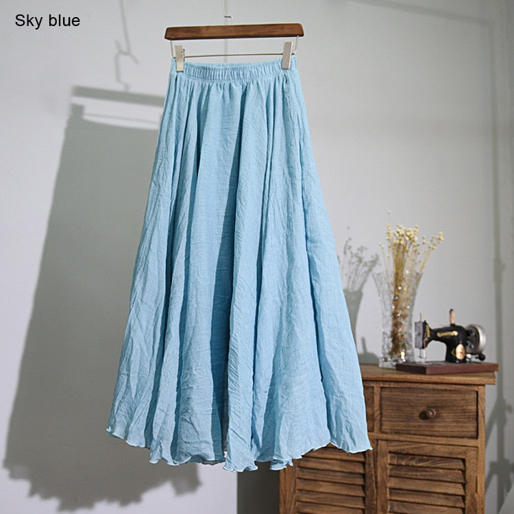 Women Elegant High Waist Linen Maxi Skirt Summer Ladies Casual