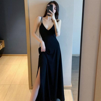 Solid Black Dress with Suspender Sexy Gentle V-Neck Retro Long Dresses with Side Slit Beach Party Clothes