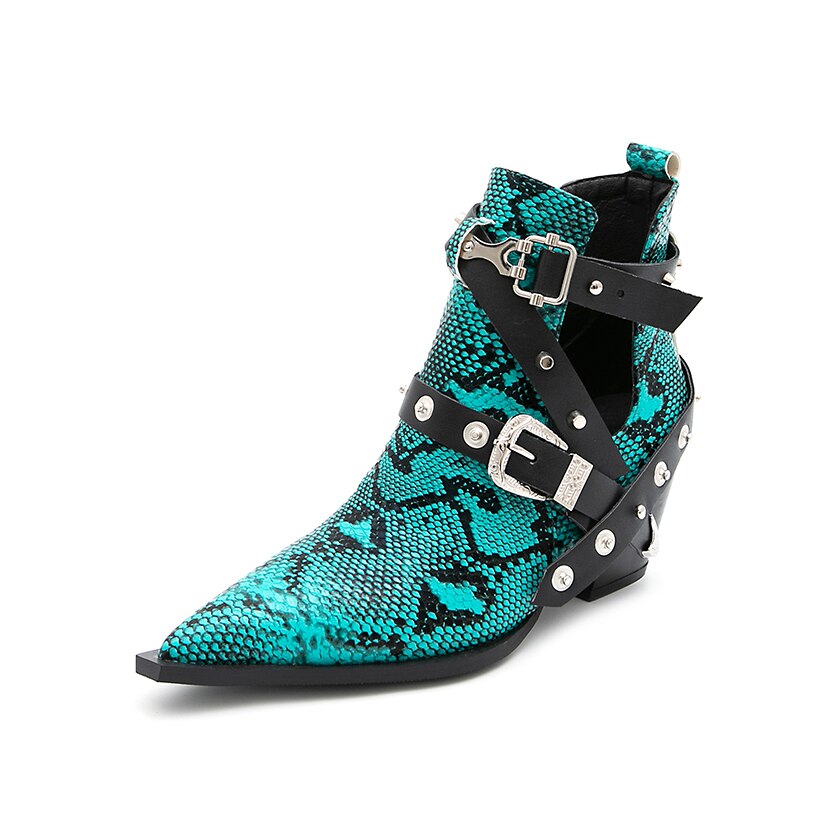Motorcycle Western Cowboy Boots Women Snake PU Leather Short Cossacks