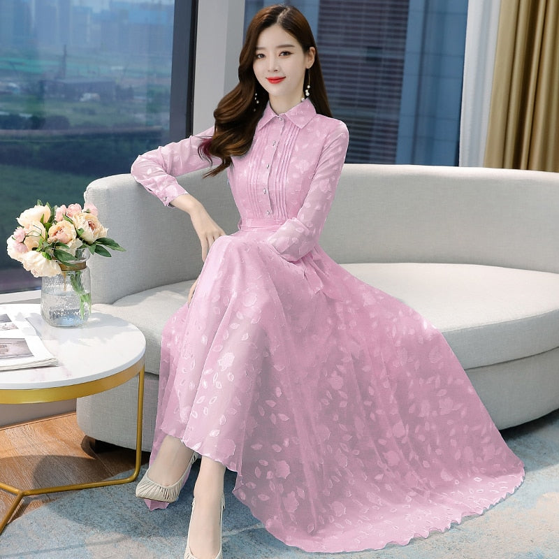 Pink Midi Dress Autumn Winter Vintage Solid Casual Chiffon Maxi Dress Women