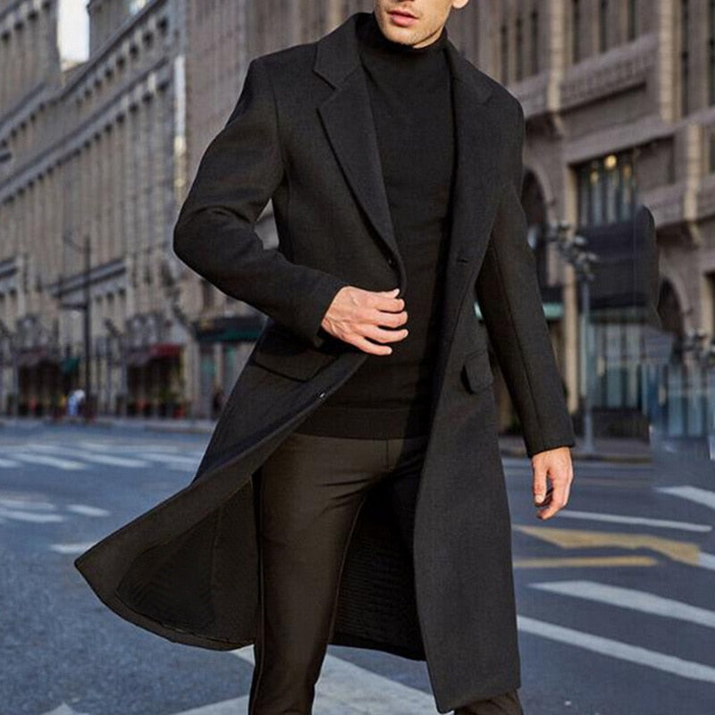 Mens Wool Coat Solid Long Sleeve Woolen Jackets Fleece Men Overcoat Streetwear