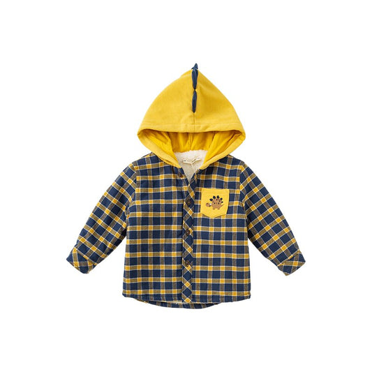 Autumn baby boys fashion cartoon plaid hooded pockets coat
