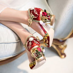 Retro Birdcage Flower Heels Banquet Shoes Red Black Blue Velvet Square Heels