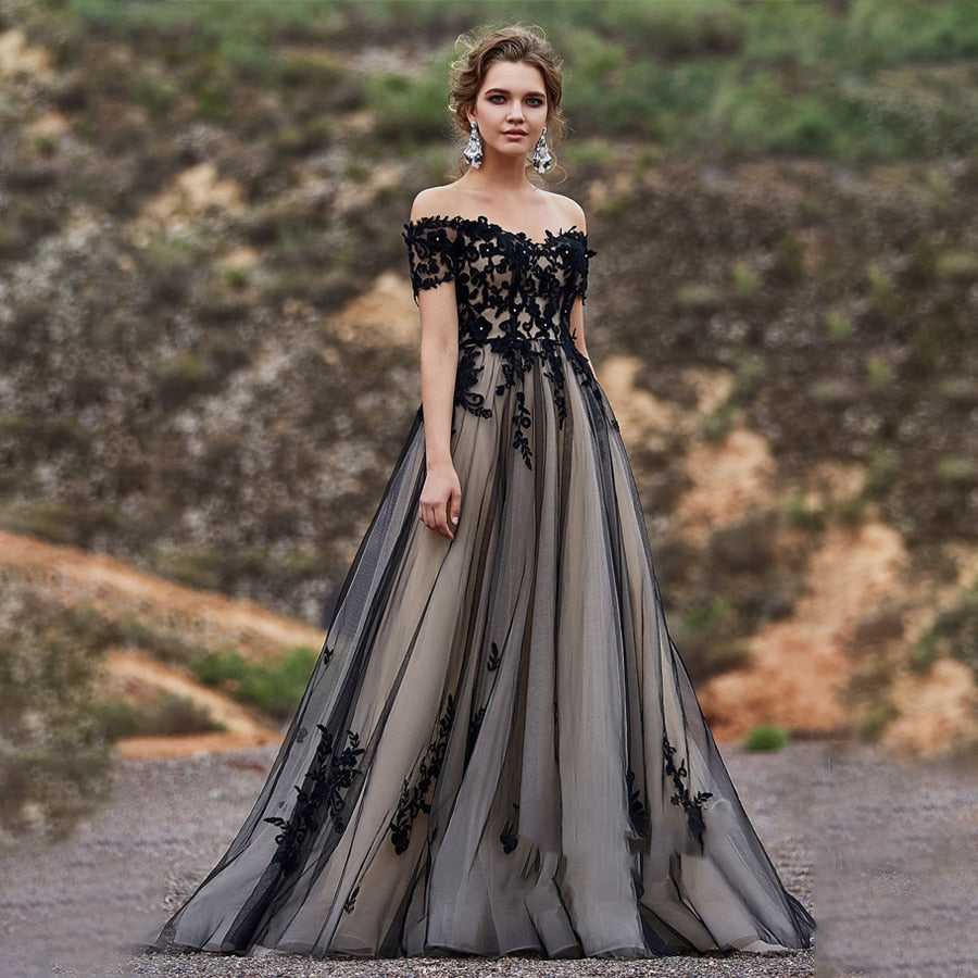 White Bridesmaid Dresses: Short Sleeves with Lace Applique Crystals A-line Black
