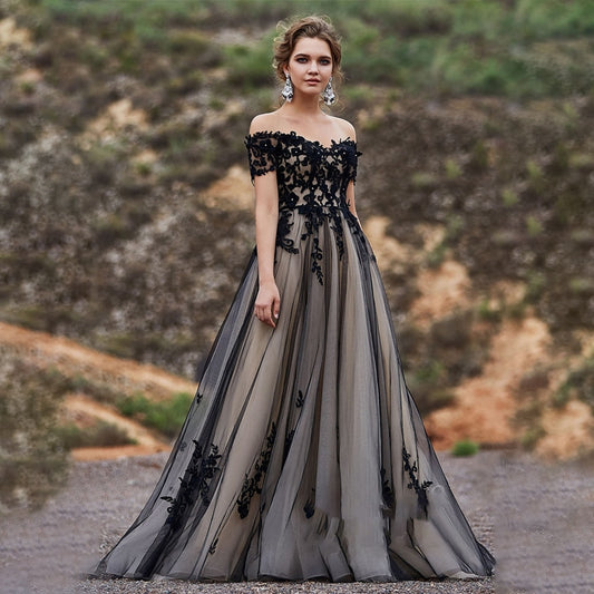 White Bridesmaid Dresses: Short Sleeves with Lace Applique Crystals A-line Black