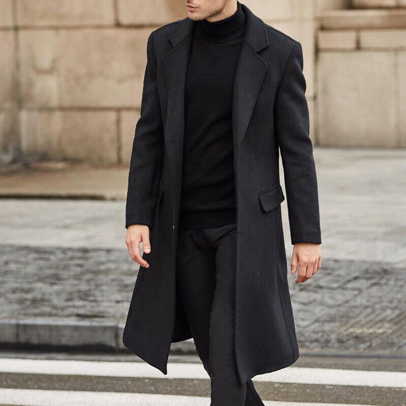 Mens Wool Coat Solid Long Sleeve Woolen Jackets Fleece Men Overcoat Streetwear