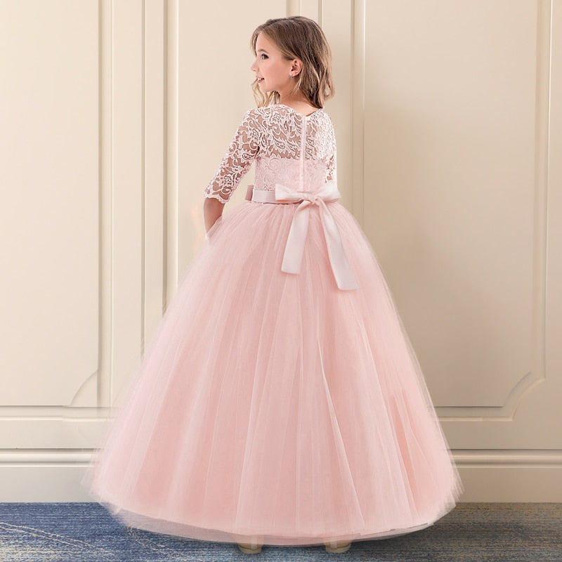 Vintage Flower Girl Princess Dress For Weddings Summer Kid Formal Bow Long