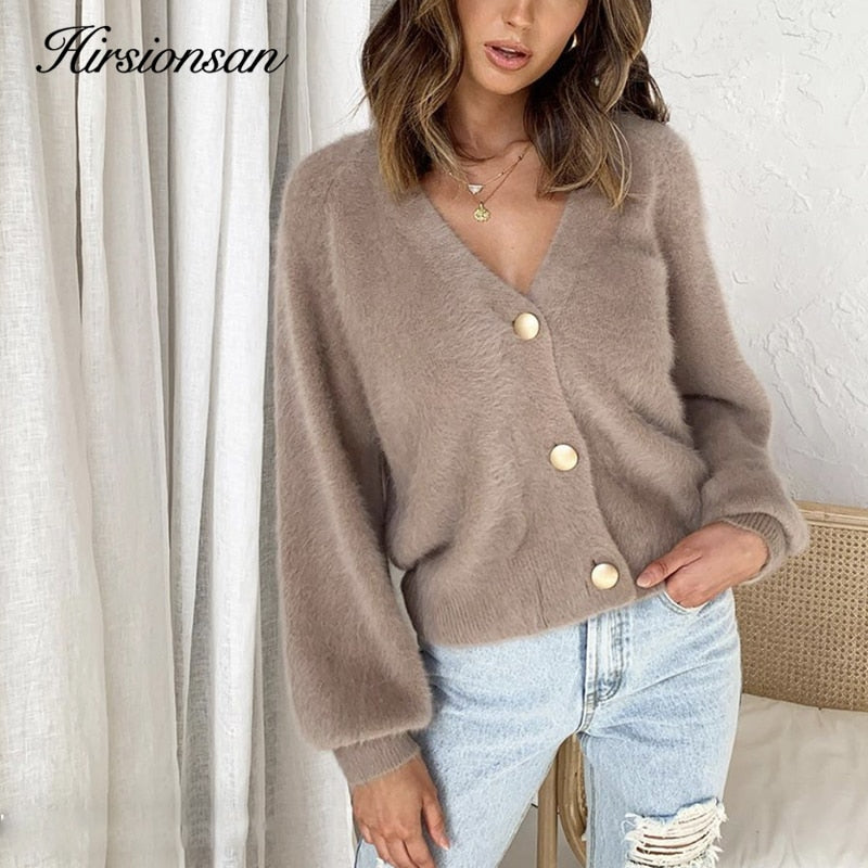 Elegant Long Sleeve Mohair Sweater Women Single-Breasted Female Short Cardigan