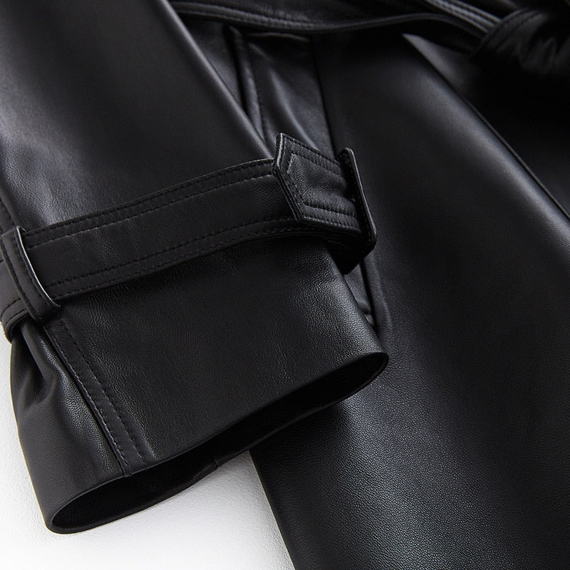 Long black leather trench coat for women long sleeve belt lapel