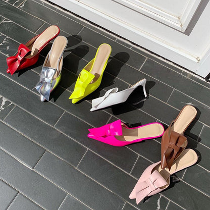 Tip-toed high-heeled bow slippers for women in summer wearing thin-heeled Baotou semi-slippers for women shoes