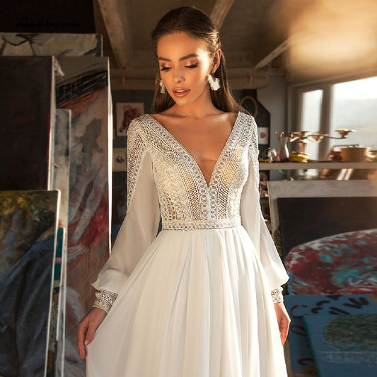 White Bridesmaid Dresses: Long Sleeve Dress Women Boho Wedding Dresses