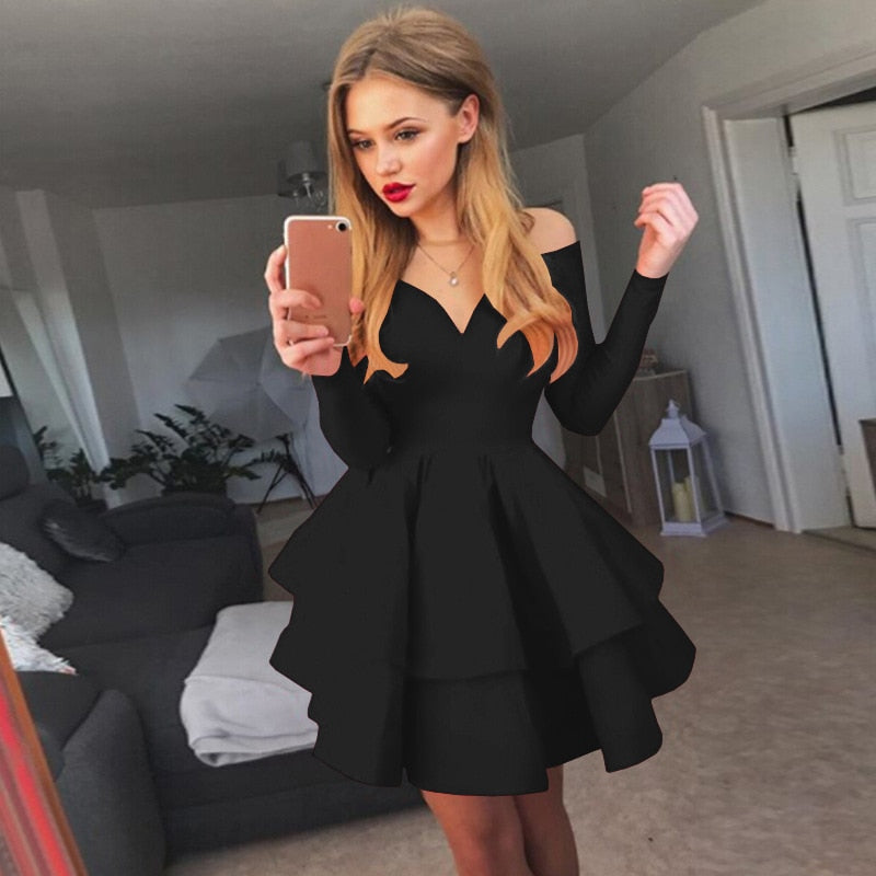 Homecoming Dresses: Short Dress off the shoulder long sleeves V-neck evening prom