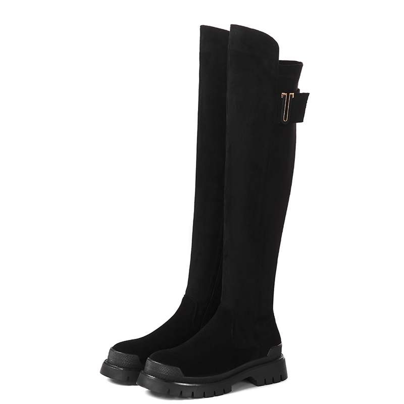 cow leather platform thigh high boots round toe casual