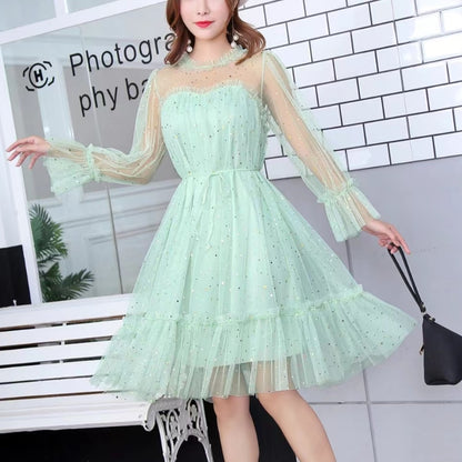 Female O-neck Stars Sequined Mesh Shiny Fairy Dress Women Elegant