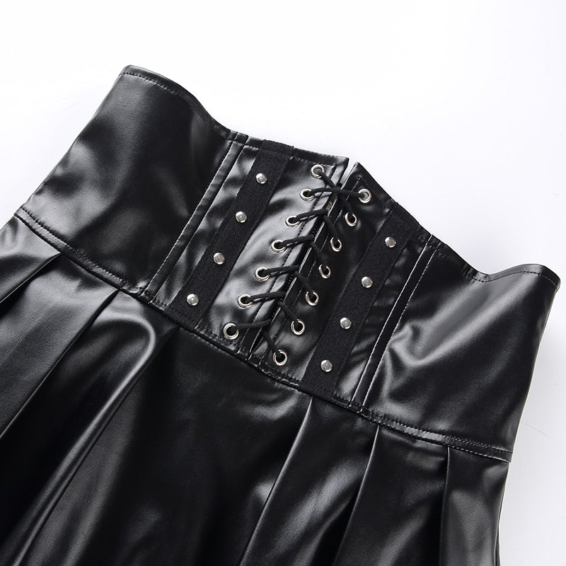 Women Skirts Gothic Harajuku Bandage Faux Leather Korean Fashion Black Mini