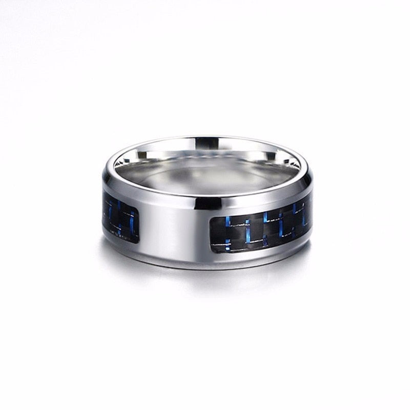 Laser Engraved Wolf Men Ring for Men Stainless Steel Blue Carbon Fibre 8mm