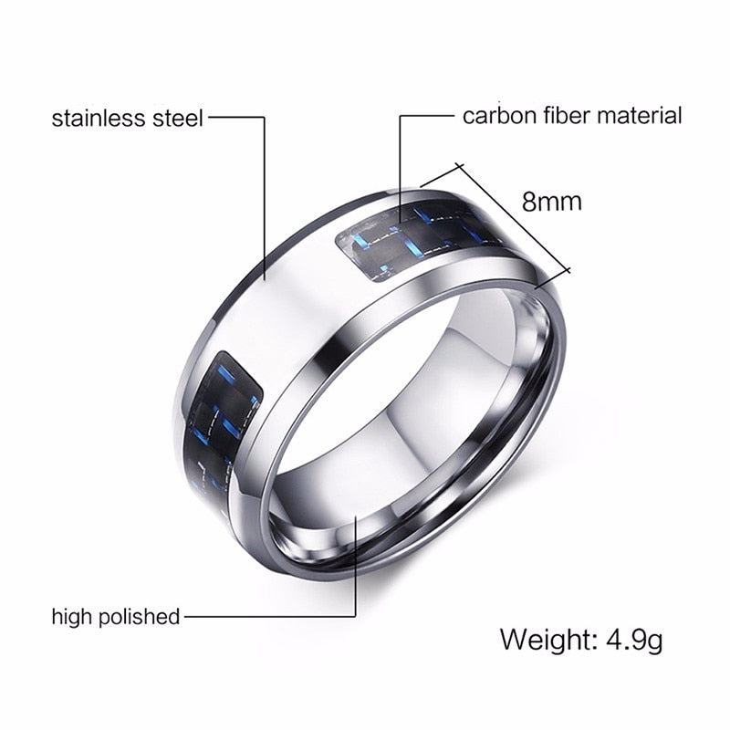 Laser Engraved Wolf Men Ring for Men Stainless Steel Blue Carbon Fibre 8mm