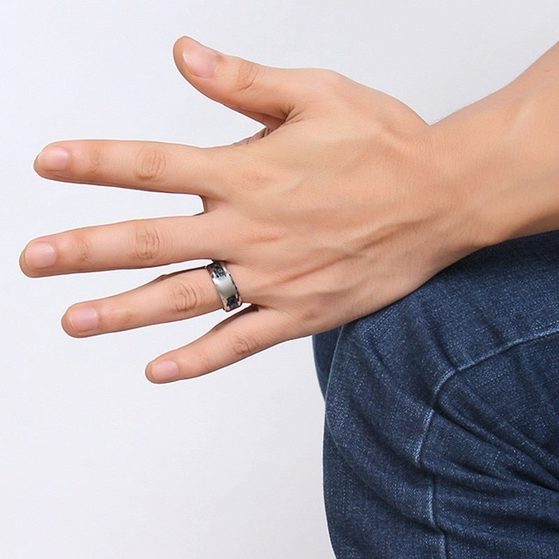 Laser Engraved Wolf Men Ring for Men Stainless Steel Blue Carbon Fibre 8mm