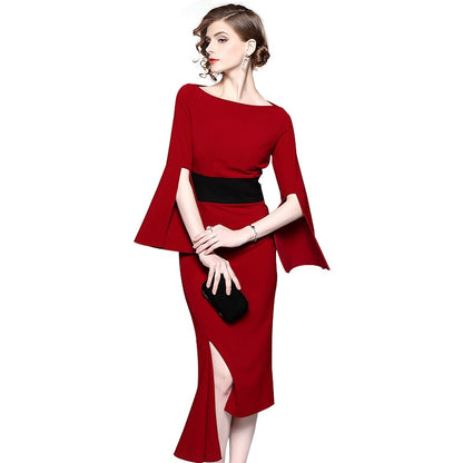 irregular waist-tightening dress, red medium-length dress and dress