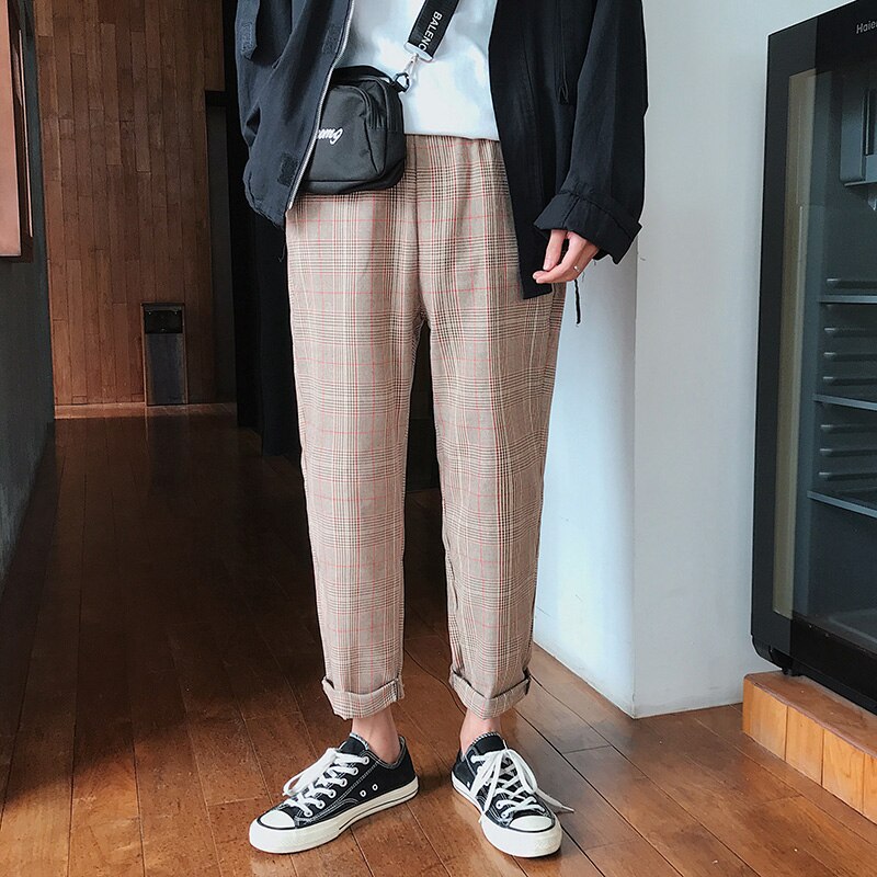 Streetwear Yellow Plaid Pants Men Joggers Man Casual Straight Harem Pants Men