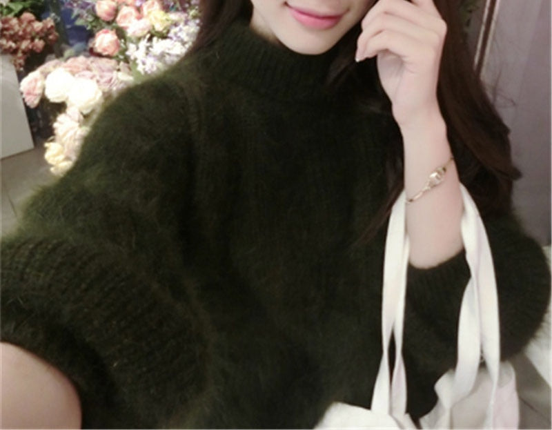 White Mohair Thicken Turtleneck Sweater Autumn Winter Sweet Fashion