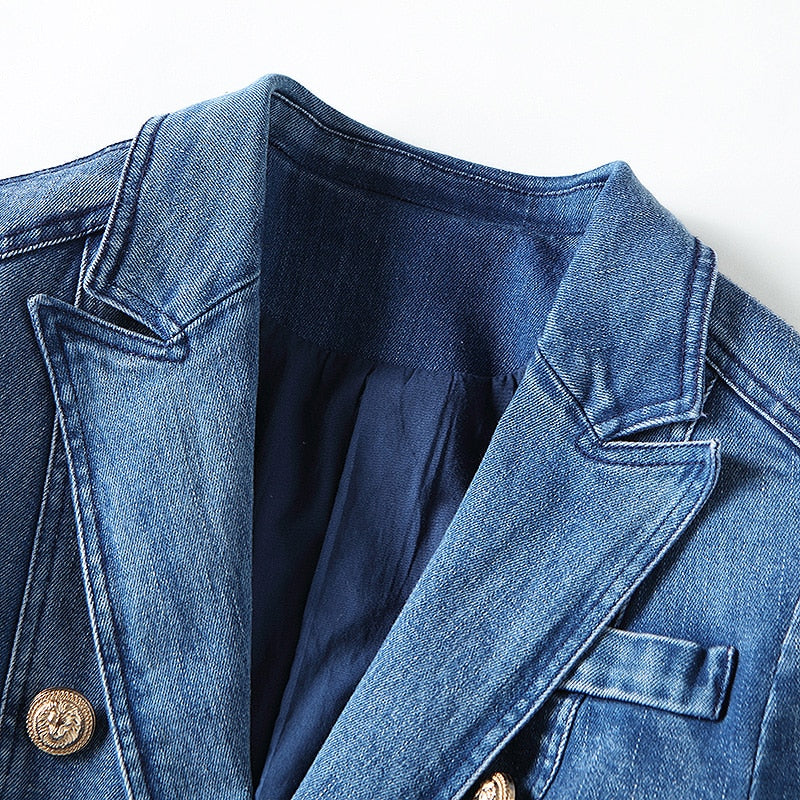 Designer Blazer Women Metal Lion Buttons Double Breasted Denim Blazer Jacket Outer Coat