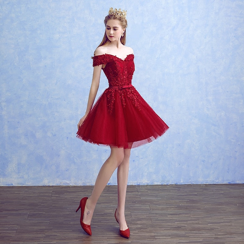 Homecoming Dresses: Red Lace Elegant Knee Length Prom Dresses Women
