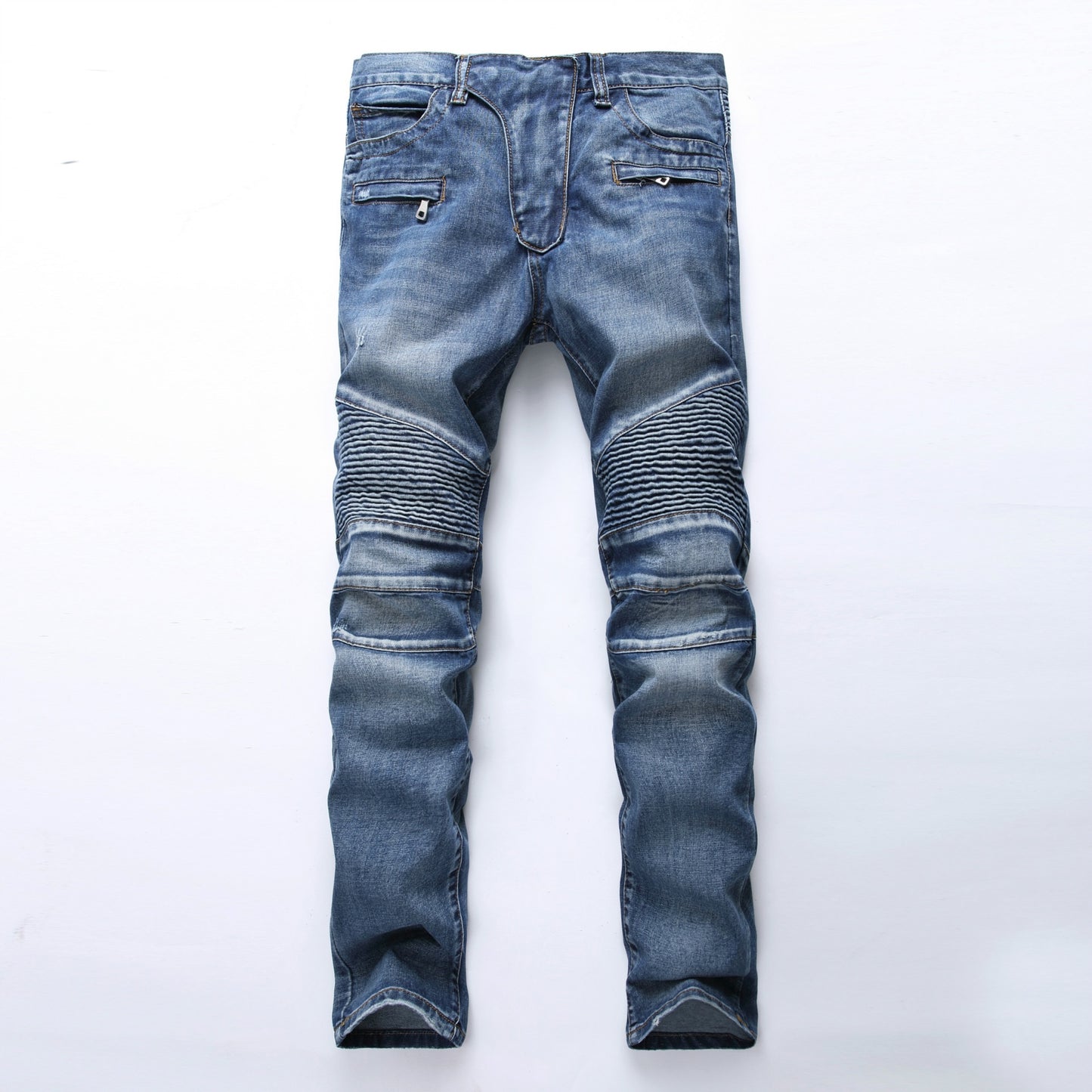Classic Retro Jeans Men Straight Slim Zipper Decoration Light Fold Skinny Denim