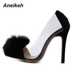 Clear PVC Transparent Pumps Slip-On Thin Heel High Heels Pointy Toes Womens Party Shoes Nightclub Pumps Black Size 35-40