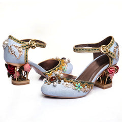 Phoentin velvet ankle strap Chinese wedding shoes women crystal buckle pearl