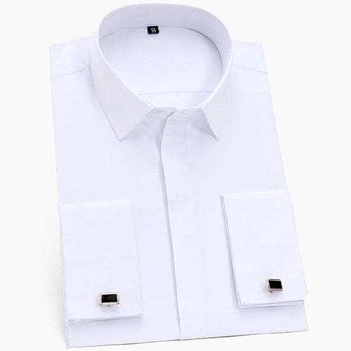 Men's Classic French Cuffs Solid Dress Shirt Covered Placket Formal Business