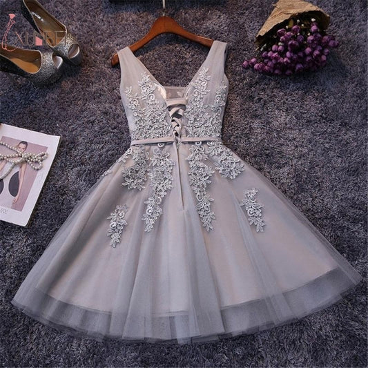 Silver Tulle Short Prom Dress V Neck Sleeveless Lace Applique Gown